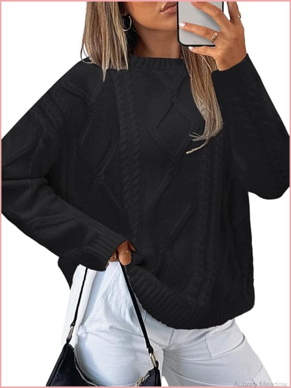 Oversized Crewneck Cable Knit Sweater Cozy Loose Fit Pullover